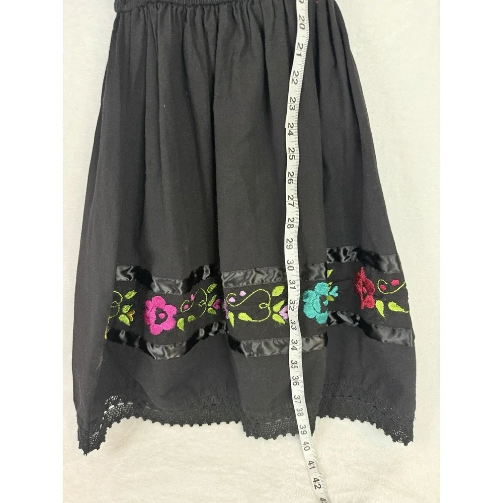 Mexican Embroidered Peasant Dress Black Floral Off Shoulder Boho Artisan Fiesta